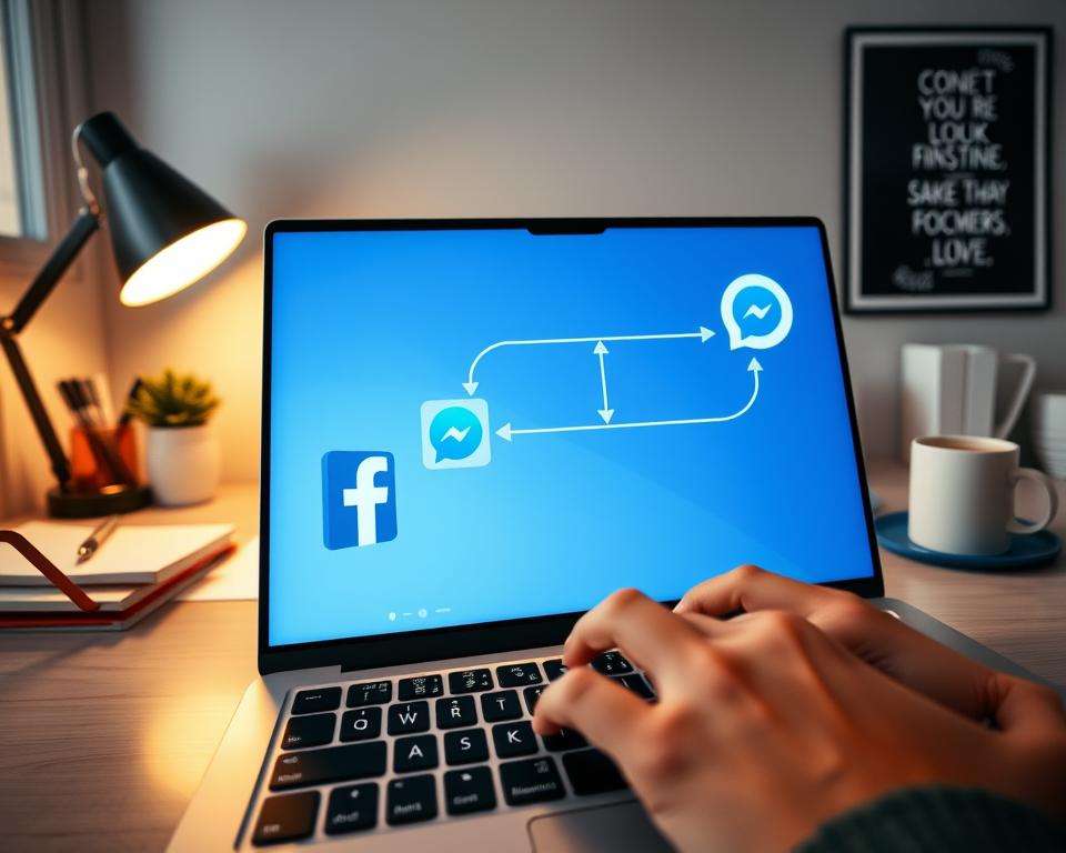 A sleek, modern digital workspace featuring a laptop displaying the Facebook and Messenger logos in harmony. In the foreground, a focus on a user&rsquo;s hands typing on a keyboard, showcasing a seamless integration process with highlighted buttons and icons symbolizing contact synchronization. The middle ground includes a large monitor with a vibrant graphical interface illustrating the connection between Messenger and Facebook, with bright colors emphasizing user-friendly features. The background consists of a neatly organized desk with stylish stationery, a coffee cup, and an inspiring poster about connectivity. Soft, ambient lighting casts a warm glow, creating a productive and inviting atmosphere, all captured from an eye-level perspective to enhance relatability and engagement.