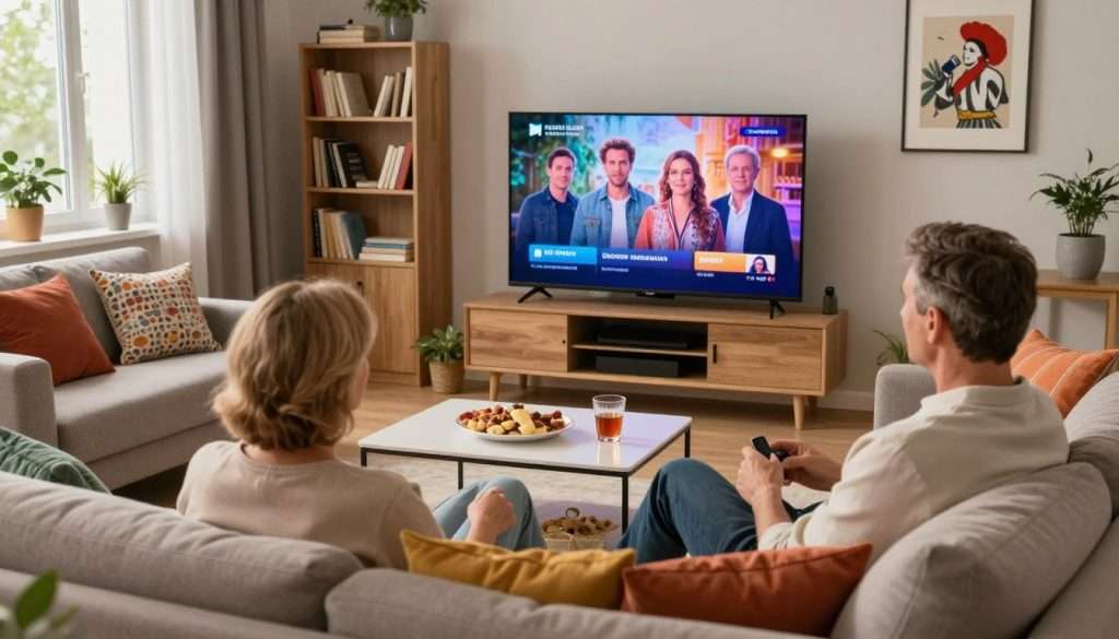 A vibrant, cozy living room scene featuring a modern TV displaying Czech channels, with a focus on the screen showing iconic Czech programs. The foreground includes a comfortable couch adorned with colorful cushions, where a middle-aged couple, dressed in modest casual clothing, is enjoying their viewing experience. In the middle ground, an elegant coffee table is set with snacks and drinks, creating a welcoming atmosphere. The background shows a tasteful arrangement of bookshelves and artwork that reflects Czech culture. Soft, warm lighting enhances the inviting ambiance, while a wide-angle lens captures the entirety of the scene, emphasizing the connection between the couple and their Czech entertainment. The overall mood is relaxed and joyful, perfect for conveying the experience of watching Czech TV in Poland. A vibrant, cozy living room scene featuring a modern TV displaying Czech channels, with a focus on the screen showing iconic Czech programs. The foreground includes a comfortable couch adorned with colorful cushions, where a middle-aged couple, dressed in modest casual clothing, is enjoying their viewing experience. In the middle ground, an elegant coffee table is set with snacks and drinks, creating a welcoming atmosphere. The background shows a tasteful arrangement of bookshelves and artwork that reflects Czech culture. Soft, warm lighting enhances the inviting ambiance, while a wide-angle lens captures the entirety of the scene, emphasizing the connection between the couple and their Czech entertainment. The overall mood is relaxed and joyful, perfect for conveying the experience of watching Czech TV in Poland.
