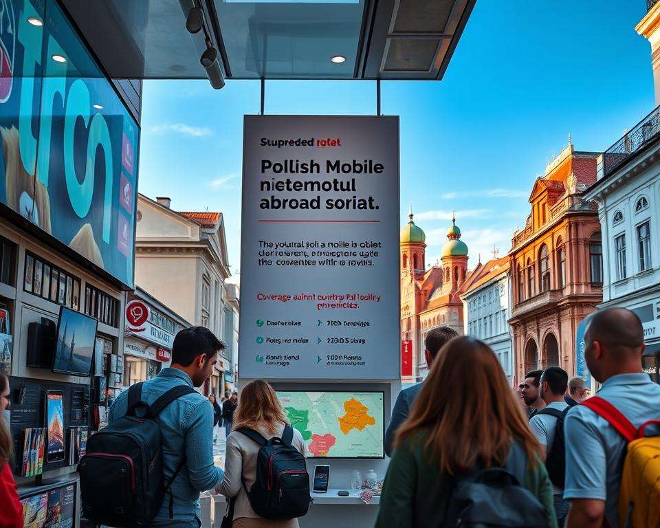 A vibrant scene depicting a busy urban environment in Poland, showcasing a modern telecommunications store filled with mobile devices and plans specifically catering to international roaming. In the foreground, a diverse group of travelers is engaged in a lively discussion while browsing options displayed on sleek screens. In the middle ground, a large poster emphasizes the benefits of using Polish mobile networks abroad, highlighting coverage and data plans. The background features iconic Polish architecture, with a clear blue sky and soft, warm sunlight illuminating the bustling street. The mood is informative and encouraging, perfect for travelers seeking connectivity while exploring new countries. The image should convey a sense of excitement about staying connected globally. A vibrant scene depicting a busy urban environment in Poland, showcasing a modern telecommunications store filled with mobile devices and plans specifically catering to international roaming. In the foreground, a diverse group of travelers is engaged in a lively discussion while browsing options displayed on sleek screens. In the middle ground, a large poster emphasizes the benefits of using Polish mobile networks abroad, highlighting coverage and data plans. The background features iconic Polish architecture, with a clear blue sky and soft, warm sunlight illuminating the bustling street. The mood is informative and encouraging, perfect for travelers seeking connectivity while exploring new countries. The image should convey a sense of excitement about staying connected globally.
