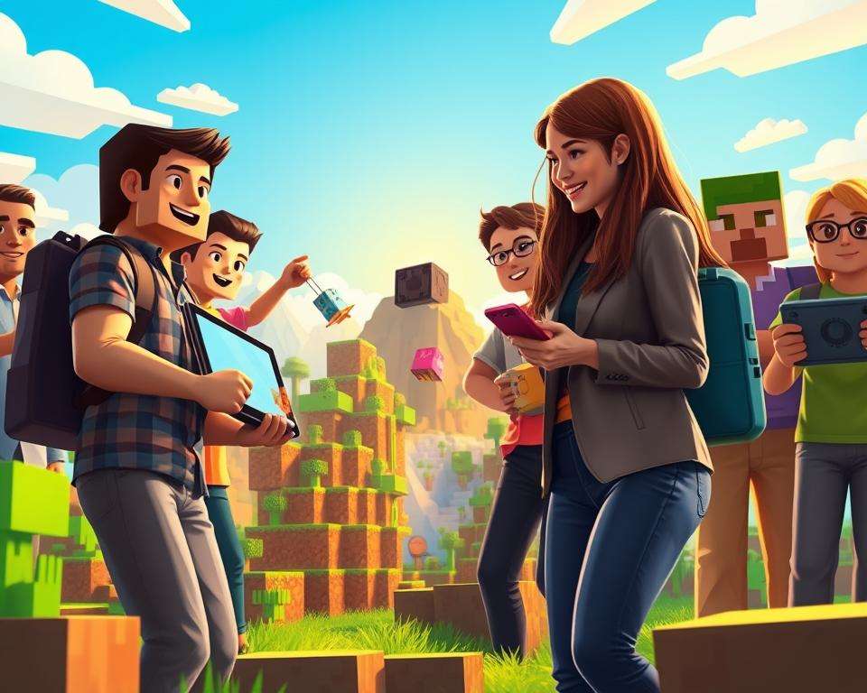 A vivid illustration of "Bedrock Edition cross-platform compatibility" in a digital landscape inspired by Minecraft. In the foreground, depict a diverse group of gamers, including a young woman in professional casual clothing, excitedly exchanging digital items on various devices like a tablet, PC, and mobile phone. The middle ground should feature a stylized Minecraft world, showcasing blocky terrain and iconic elements like trees, blocks, and a pixelated sun, symbolizing the game's environment. In the background, softly lit clouds float against a bright blue sky, enhancing the atmosphere of a shared gaming experience. The lighting is warm and inviting, creating an atmosphere of camaraderie and connection. The angle should capture the interaction between players and the vibrant Minecraft landscape, emphasizing the theme of data transfer and collaboration. A vivid illustration of "Bedrock Edition cross-platform compatibility" in a digital landscape inspired by Minecraft. In the foreground, depict a diverse group of gamers, including a young woman in professional casual clothing, excitedly exchanging digital items on various devices like a tablet, PC, and mobile phone. The middle ground should feature a stylized Minecraft world, showcasing blocky terrain and iconic elements like trees, blocks, and a pixelated sun, symbolizing the game's environment. In the background, softly lit clouds float against a bright blue sky, enhancing the atmosphere of a shared gaming experience. The lighting is warm and inviting, creating an atmosphere of camaraderie and connection. The angle should capture the interaction between players and the vibrant Minecraft landscape, emphasizing the theme of data transfer and collaboration.
