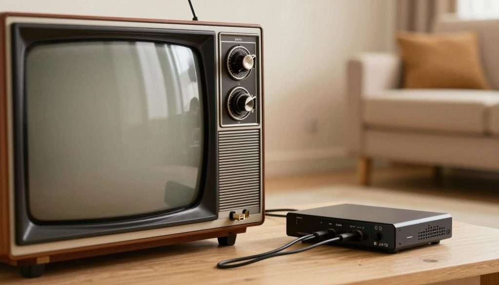 An old television set from the 1980s, with a wooden frame and dials, placed prominently in the foreground. Next to it, a modern DVB-T2 decoder with cables extending towards the television's SCART input. The background features a cozy living room setting, with soft, warm lighting that gives a nostalgic feel. Include a subtle reflection in the TV screen, showing the decoder and some light furniture. The angle is slightly elevated, capturing both the vintage TV and the decoder. The atmosphere is inviting, evoking memories of family time spent watching television together. The scene is well-organized, without clutter, emphasizing the connection between the old technology and the new. An old television set from the 1980s, with a wooden frame and dials, placed prominently in the foreground. Next to it, a modern DVB-T2 decoder with cables extending towards the television's SCART input. The background features a cozy living room setting, with soft, warm lighting that gives a nostalgic feel. Include a subtle reflection in the TV screen, showing the decoder and some light furniture. The angle is slightly elevated, capturing both the vintage TV and the decoder. The atmosphere is inviting, evoking memories of family time spent watching television together. The scene is well-organized, without clutter, emphasizing the connection between the old technology and the new.