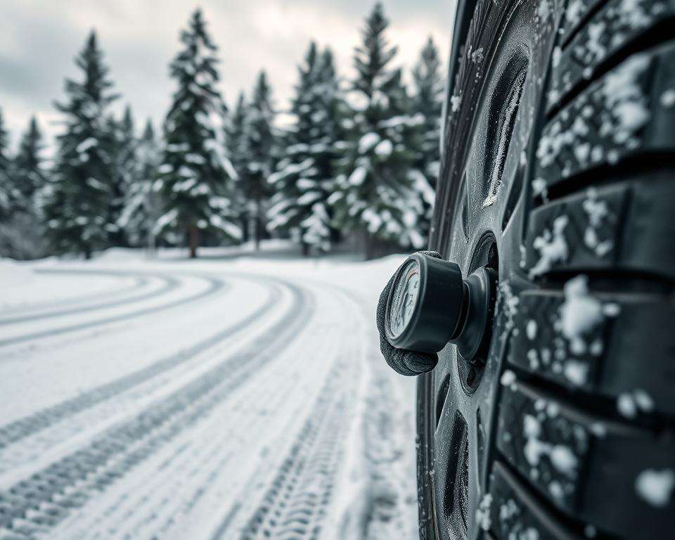A winter scene featuring a close-up of a car tire with visible frost and snow, highlighting the pressure valve being adjusted. In the foreground, a gloved hand is carefully turning the valve with a tire gauge, symbolizing the act of releasing air for improved traction. The middle ground showcases a snowy road with subtle tire tracks, indicating a recent drive. In the background, tall pine trees dusted with snow provide a serene, wintery atmosphere under a cloudy sky with soft, diffused lighting. The mood is calm and focused, emphasizing the importance of tire pressure adjustment for safety in icy conditions. The perspective should be slightly angled, showcasing both the tire detail and the winter landscape. A winter scene featuring a close-up of a car tire with visible frost and snow, highlighting the pressure valve being adjusted. In the foreground, a gloved hand is carefully turning the valve with a tire gauge, symbolizing the act of releasing air for improved traction. The middle ground showcases a snowy road with subtle tire tracks, indicating a recent drive. In the background, tall pine trees dusted with snow provide a serene, wintery atmosphere under a cloudy sky with soft, diffused lighting. The mood is calm and focused, emphasizing the importance of tire pressure adjustment for safety in icy conditions. The perspective should be slightly angled, showcasing both the tire detail and the winter landscape.
